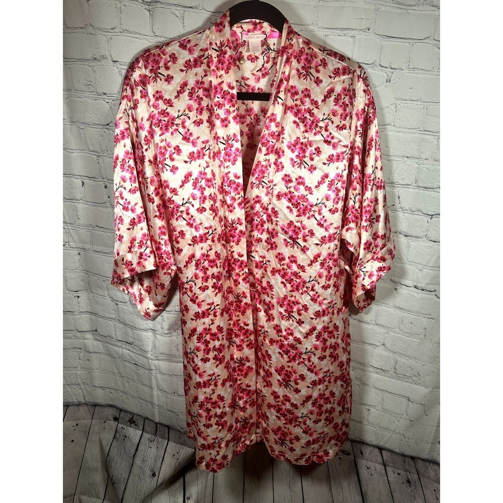 Victoria's Secret Pink Cherry Blossom Floral Satin Kimono Robe SM